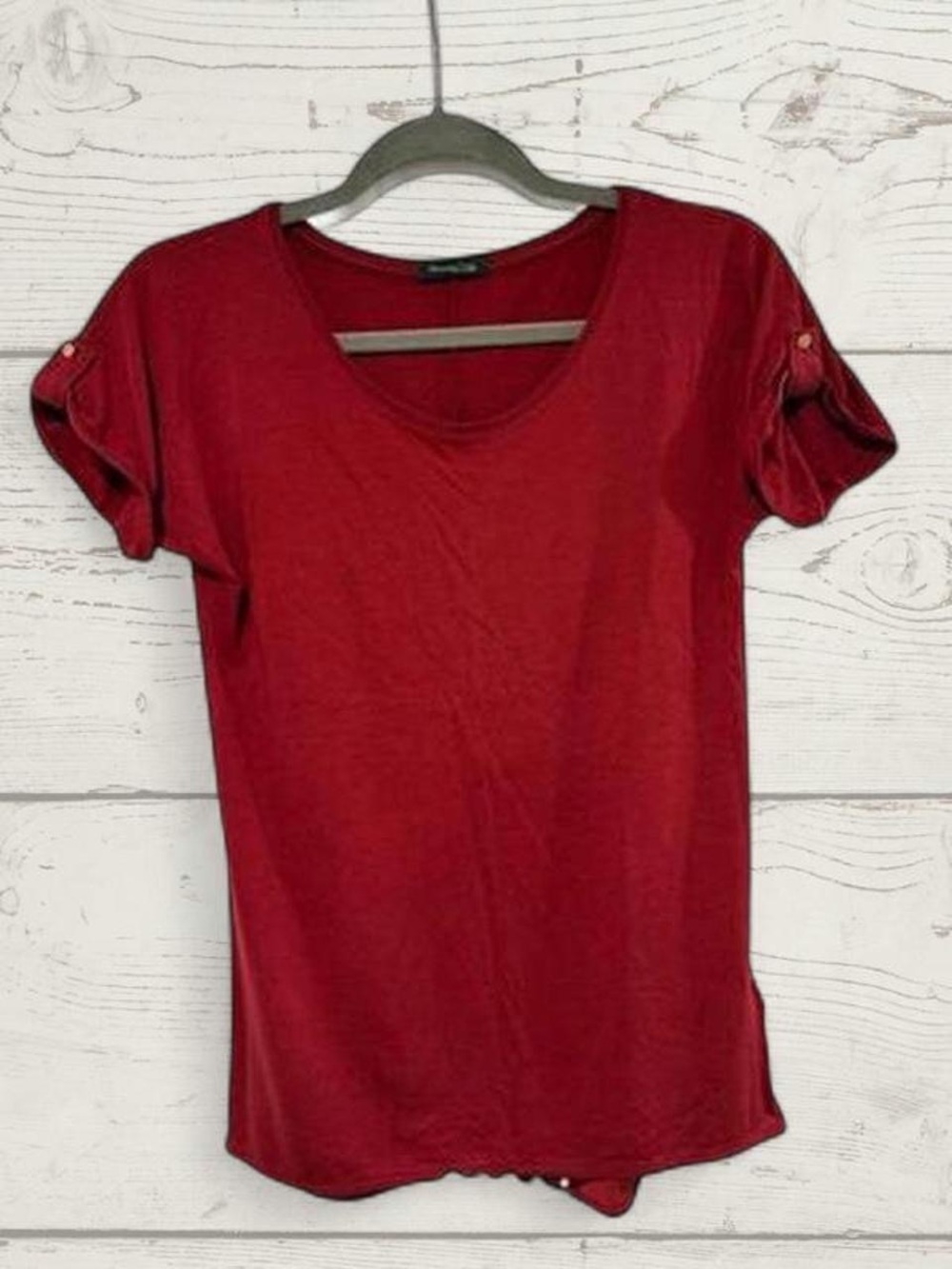 Massimo Dutti oxblood tee · lyocell-cotton · gold button sleeve tabs · XS - Picture 3 of 5